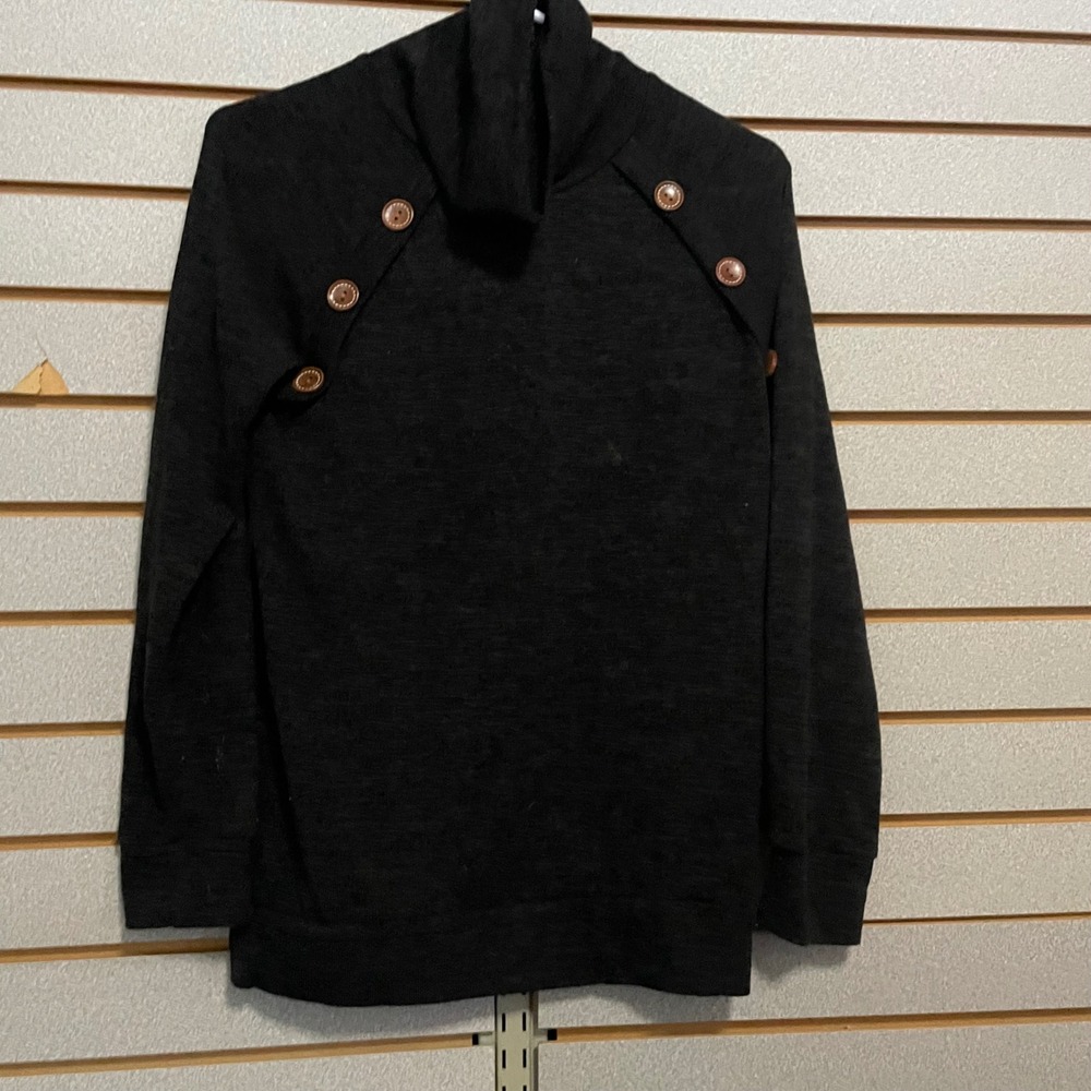 Zia Ray Black Cowl Neck Button Shoulder Long Sleeve Top Women's Small